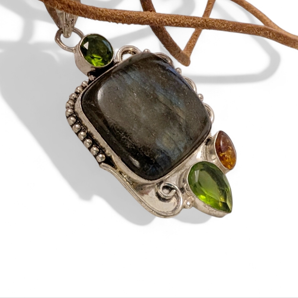 VINTAGE Pendant Necklace Labradorite Peridot 36" 925 Sterling Silver Leather - Picture 11 of 14